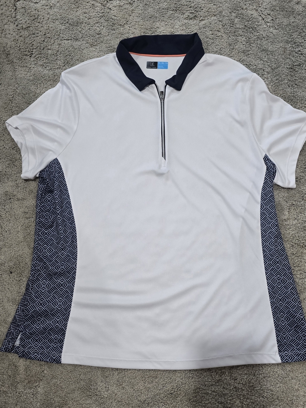 A7PGA Tour WomansXXL White Polo with Navy Collar and Patterned Side Panels *0173